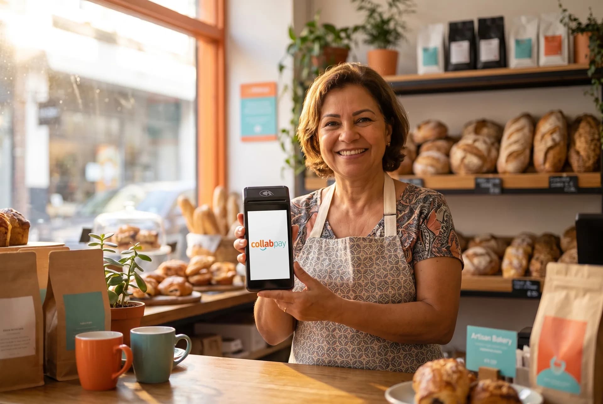 Dona de padaria sorrindo ao usar a maquininha CollabPay no balcão