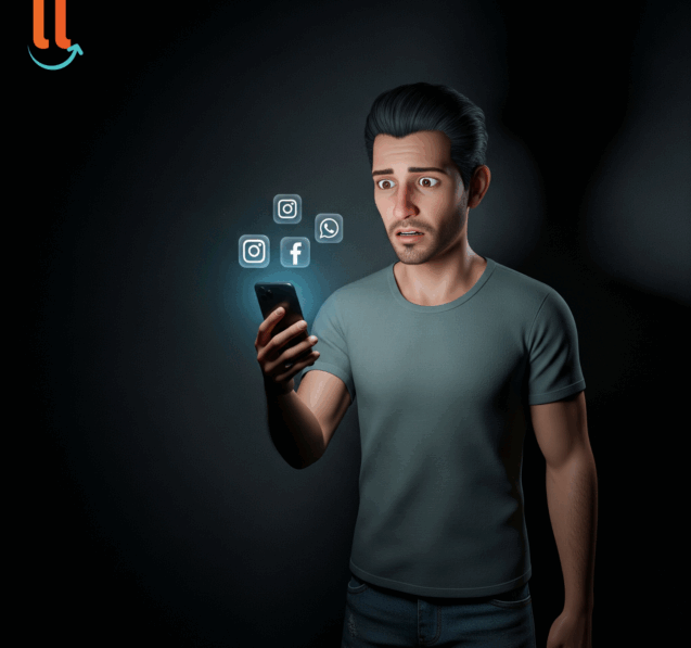 Dono de pequeno negócio olhando preocupado para celular com redes sociais fora do ar