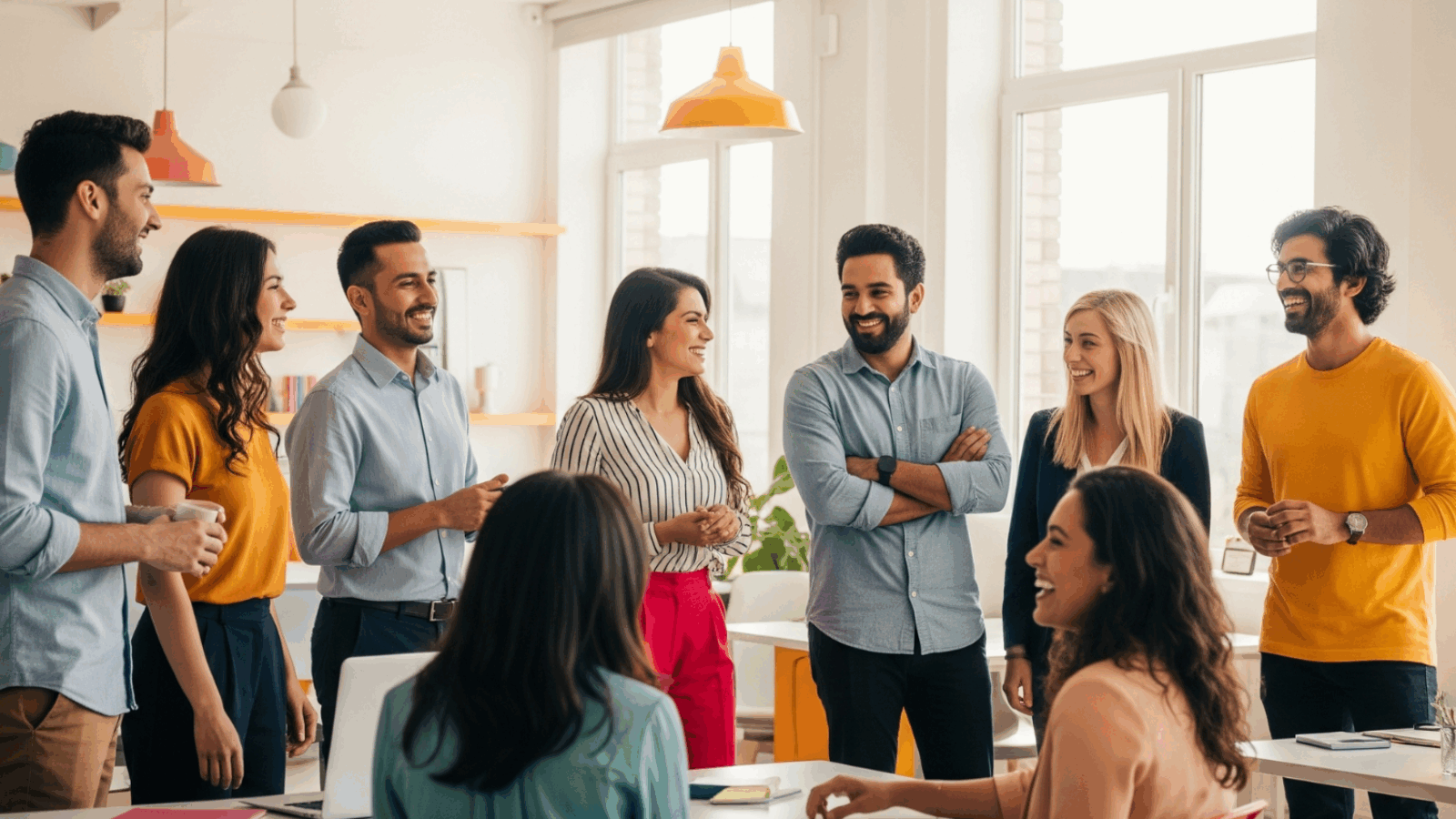 Colaboradores em ambiente corporativo saudável, demonstrando equilíbrio emocional e colaboração