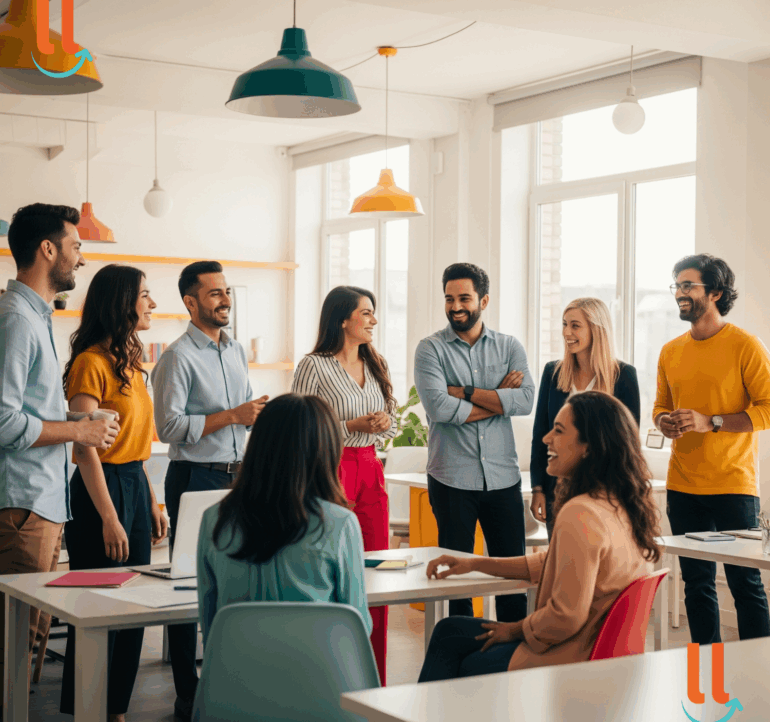 Colaboradores em ambiente corporativo saudável, demonstrando equilíbrio emocional e colaboração