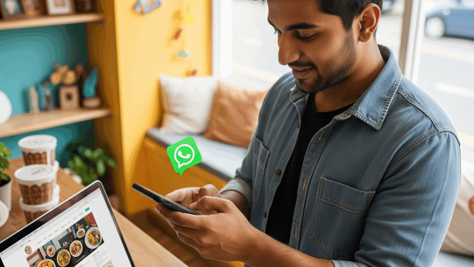 Comerciante local finalizando venda pelo WhatsApp usando site próprio no celular