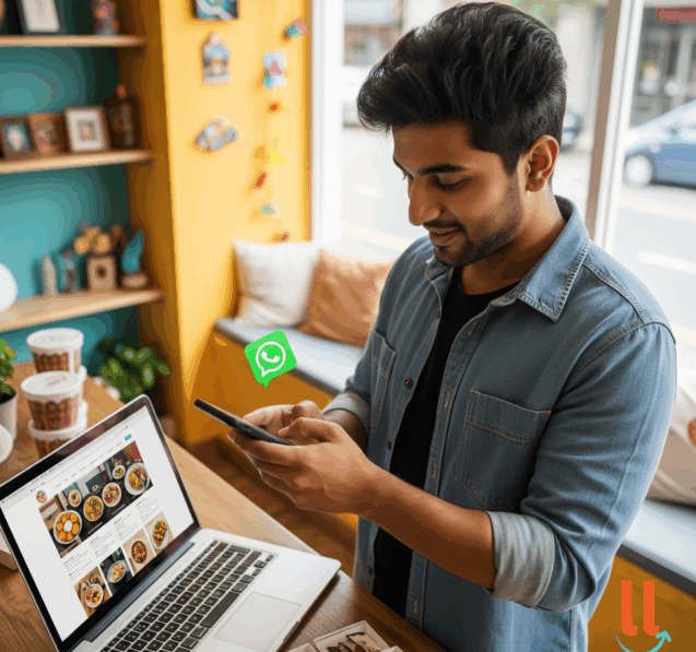 Comerciante local finalizando venda pelo WhatsApp usando site próprio no celular
